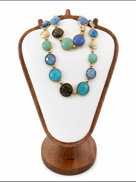 Jewelry - Gold-Tone Blue & Green Multi-Stone Statement Necklace Bracelet And Earrings Set